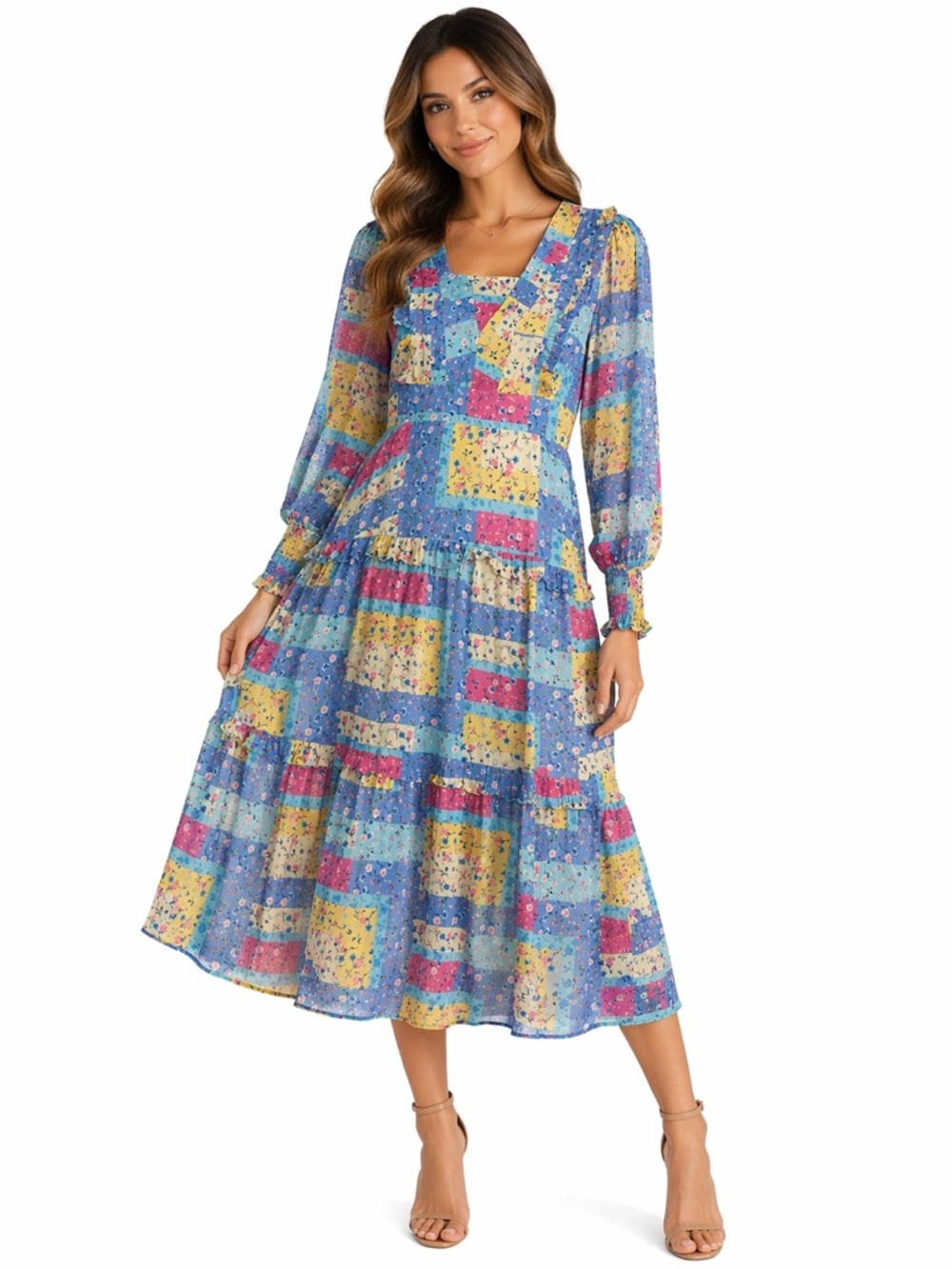 BTFL- Life size medium Blue Floral Patchwork Midi Dress